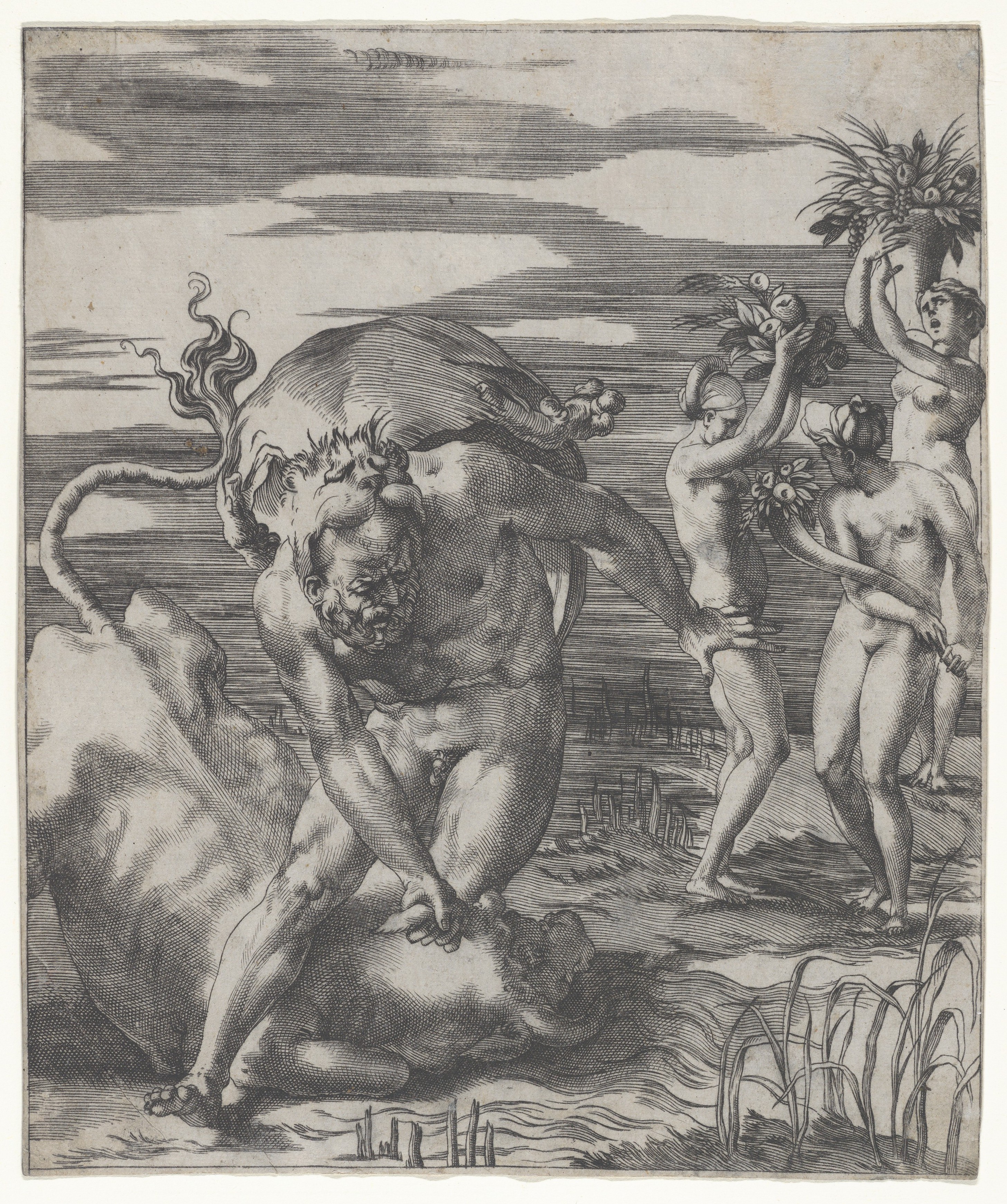 Hercules defeating the river god Acheolus in the form of a bull
